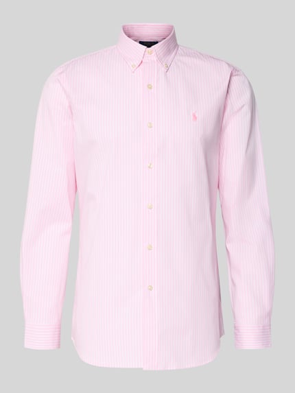 Produktfoto, Vrijetijdsoverhemd met roze-witte streep, mix van katoen en elastaan, regular fit, button-downkraag, knoopsluiting, labelstitching, ruglengte 84 cm, schouderbreedte 47 cm, mouwlengte 66 cm, Freizeithemd met Knopfleiste van Polo Ralph Lauren.