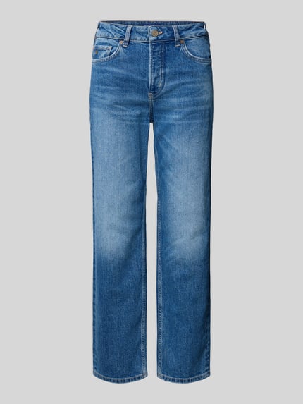 Produktfoto, Jeans im Used-Look model 'THE SKY' van Scotch & Soda, dames jeans in regular fit, mix van katoen en elastaan, bandwijdte 39 cm, binnenbeenlengte 70 cm, blauwe kleur met lichte used-look, rechte pijpen, zichtbare textuur.