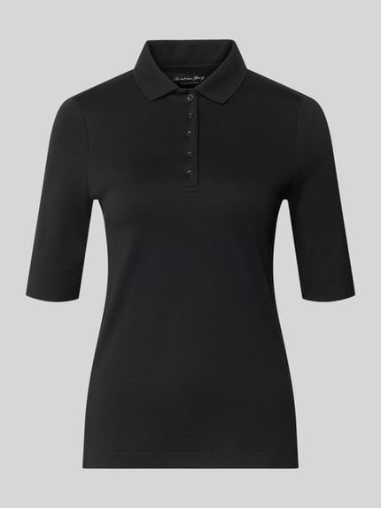 Produktfoto, Slim Fit Poloshirt mit Knopfleiste und 1/2-Arm von Christian Berg Woman in Schwarz, reine Baumwolle, glatte Struktur, Vorderansicht