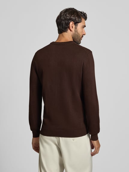 Männermodel trägt Strickpullover aus Baumwoll-Kaschmir-Mix mit Rundhalsausschnitt von MCNEAL, braun, glatte Textur, Ganzkörperansicht Rückansicht, Regular Fit, Rückenlänge M 70 cm, Ärmellänge M 74 cm