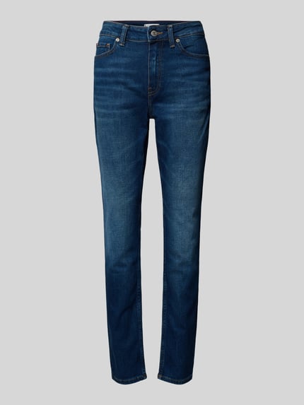 Produktfoto, Slim Fit Jeans aus Baumwoll-Mix van Tommy Hilfiger in uni donkerblauw denim, 5-pocket, middelhoge taille, regular lengte, logodetails