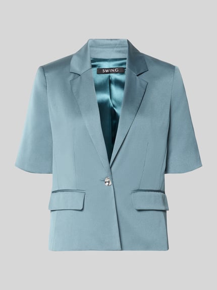 Produktfoto, Slim Fit Blazer mit 1/2-Arm von SWING in lichtblauw met Reverskraag en twee Klepzakken, satijnachtige textuur, Dames blazer, Ruglengte bij maat 36: 58 cm.