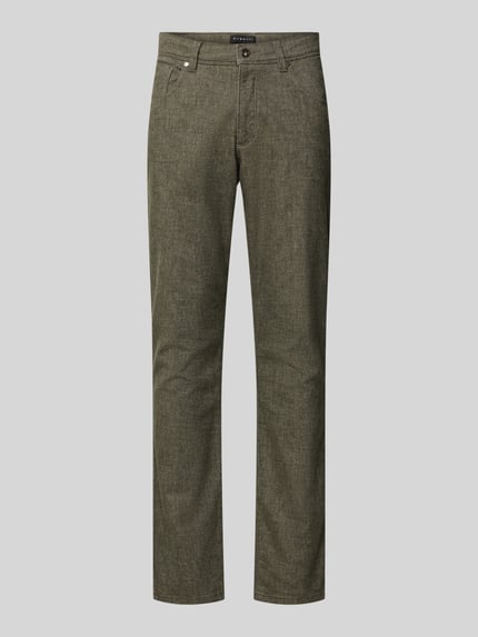 Produktfoto, Regular Fit Hose aus Baumwoll-Mix mit Viskose-Anteil Modell 'Cordoba' von bugatti, olivgrüne Farbe, glatte Struktur, Eingrifftaschen, Bundweite 42 cm, Innenbeinlänge 82 cm