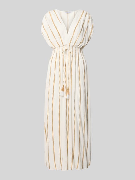 Produktfoto, Maxikleid aus reiner Viskose von ZABAIONE in Creme mit goldfarbenen Streifen, tailliert, elastische Taille, Zierbänder, V-Ausschnitt
