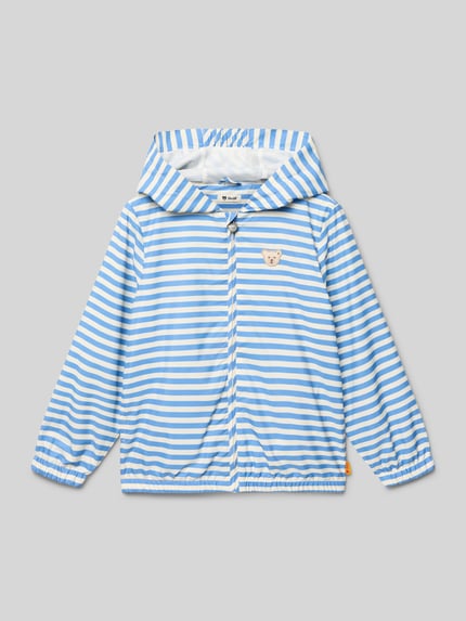 Productfoto, Jacke mit Kapuze und rückseitiger Reißverschlusstasche van Steiff, blauw-witte strepen, rechte fit, labeldetail, capuchon, ritssluiting, motief-stiksel, elastische mouwuiteinden, ritsvak en motiefprint achter, kindermode