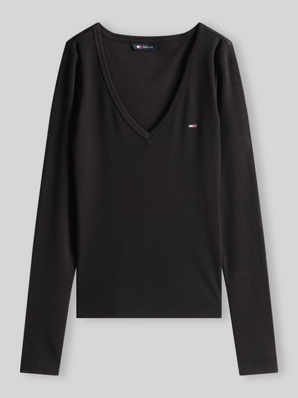 Tommy Jeans bluzka z długim rękawem o kroju slim fit z detalem z logo Czarny 2