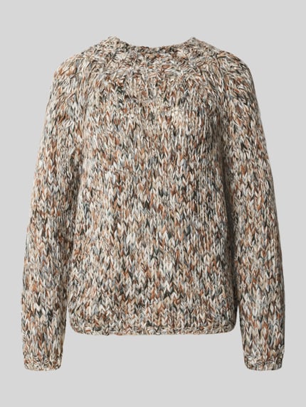 Produktfoto, Regular Fit Pullover mit Schurwoll-Anteil von Rich & Royal, imitacja dzianiny, mieszanka materiałów, długi rękaw, okrągły dekolt, krój regular fit, długość tyłu 52 cm, długość rękawów 64 cm, kolorystyka brązowo-beżowa z białymi akcentami, tekstura melanżowa
