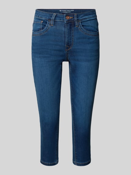 Produktfoto, Slim Fit Caprijeans aus Baumwoll-Mix von Tom Tailor in Dunkelblau, 5-Pocket-Design, Denim-Optik, Logo Patch am Bund, glatte Struktur