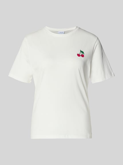 Produktfoto, T-shirt aus Baumwolle Modell 'SYBILLA' von Vila, prosty krój, okrągły dekolt, długość tyłu w rozmiarze S: 58 cm