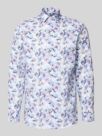 Produktfoto, Regular Fit Businesshemd aus reiner Baumwolle mit Kentkragen von OLYMP, floraler Allover-Print in Blau, Rosa, Beige, durchgängige Knopfleiste, Langärmelig, Sportmanschetten, Rückenlänge 80 cm, Schulterbreite 46 cm, Ärmellänge 66 cm