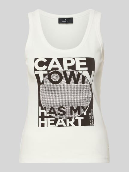 Productfoto, Slim Fit Top met strasssteendecoratie model 'Cape Town' van monari, elastische katoenmix, statementprint, ruglengte 53 cm