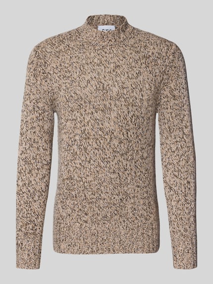 Produktfoto, Slim Fit Strickpullover aus reinem Kaschmir von FTC Cashmere in Beige-Braun meliert, Stehkragen, gerippte Abschlüsse, strukturierte Oberfläche