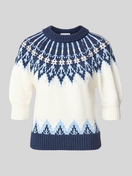 Produktfoto, Regular Fit Strickpullover aus Baumwoll-Mix mit Ballonärmeln von Rich & Royal, granatowy, biały, wzór, dekolt i zakończenia prążkowane, półrękaw, bawełniany materiał, długość tyłu 48 cm, długość rękawa 34 cm