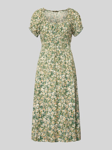 Produktfoto, Midikleid aus Viskose mit Rüschenärmeln von Apricot, zuiver viscose, getailleerd model, ronde hals, ruches, vetersluiting, mouwen met ruches, smokdetail, ruglengte maat S 113 cm, borstwijdte maat S 29 cm, mouwlengte maat S 16 cm, bloemenprint, groen-witte tinten