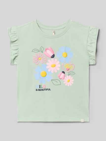 Produktfoto, Loose Fit T-Shirt aus reiner Baumwolle Modell 'RUTH' von Only, jasnozielony, motyw kwiatów z nadrukiem, krótki rękaw, okrągły dekolt, jersey