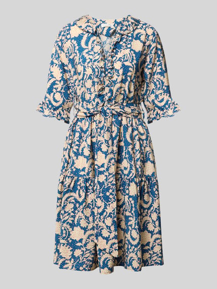 Produktfoto, Knielanges Kleid aus Viskose im Allover-Look van Christian Berg Woman, blauw-beige met bloemenmotief, A-lijn, V-hals, volants, strikceintuur, ruglengte maat 36: 100 cm, borstwijdte: 34 cm, mouwlengte: 32 cm