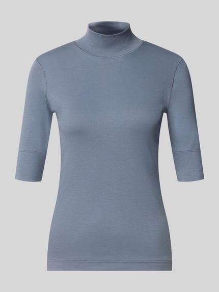 Produktfoto, Slim Fit T-Shirt aus Baumwoll-Mix mit Stehkragen von Marc Cain in Blau, 1/2-Arm, glatte Textur, schlichtes Design.
