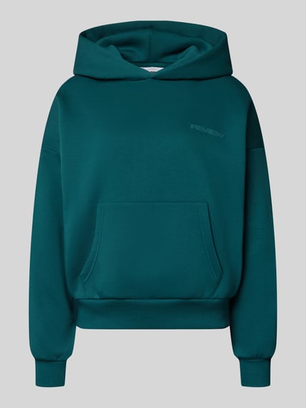 Productfoto, Hoodie met logo en kangoeroezak van REVIEW, katoenmix, relaxed fit, effen petrolkleur, zachte textuur