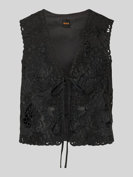 Produktfoto, Besticktes Top aus Baumwoll-Mix mit Bindedetails Modell 'IRIKA' von BOSS Orange, schwarz, Optik: Unifarben, Regular-Fit, Stickerei, V-Ausschnitt, Verschluss: Bindebänder, Material: Baumwoll-Mix, strukturierte Oberfläche