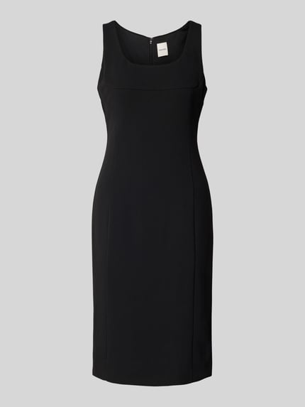 Produktfoto, Knielanges Kleid mit Karree-Ausschnitt von Calvin Klein Womenswear, elastyczna mieszanka materiałów, dopasowany krój, długość do kolan, prostokątny dekolt, zamek błyskawiczny z tyłu, krój bez rękawów, klasyczna czerń, delikatna faktura.