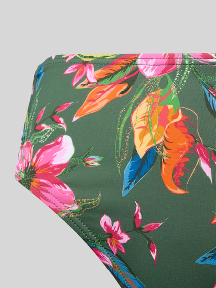 Produktfoto, Slim Fit Bikini-Hose mit Raffungen Modell 'Malia' von LASCANA, elastische materiaalmix, bloemenprint, logodetail, groen met roze en oranje