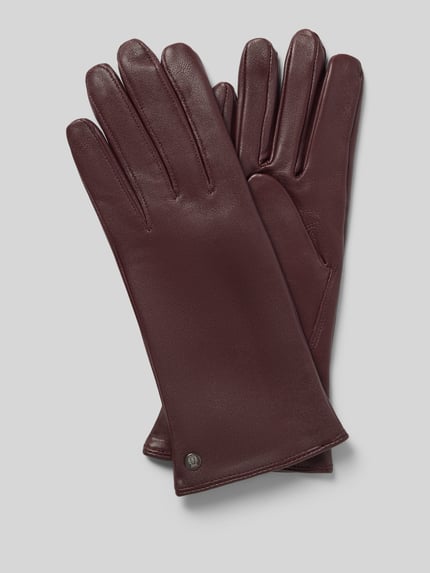 Produktfoto, Handschuhe aus echtem Leder mit Label-Detail von Roeckl in unifarbenem Design, glatte Struktur, dunkles Rot, Damen Handschuhe