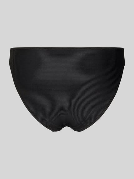 Produktfoto, schwarze Bikinihose mit feiner Rippstruktur und elastischem Bund, Modell 'CASSIE' von Marie Jo, körpernahe Passform, Label-Detail.