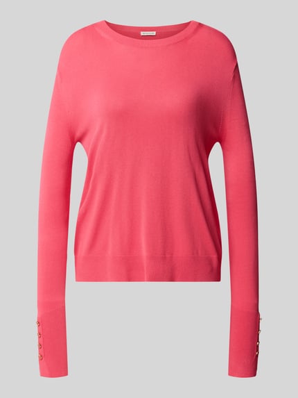 Produktfoto, Pullover aus Viskosemix mit Knopfdetails am Ärmel von TOM TAILOR in kräftigem Pink, unifarben, Strickoptik, Rundhals, gerippte Abschlüsse