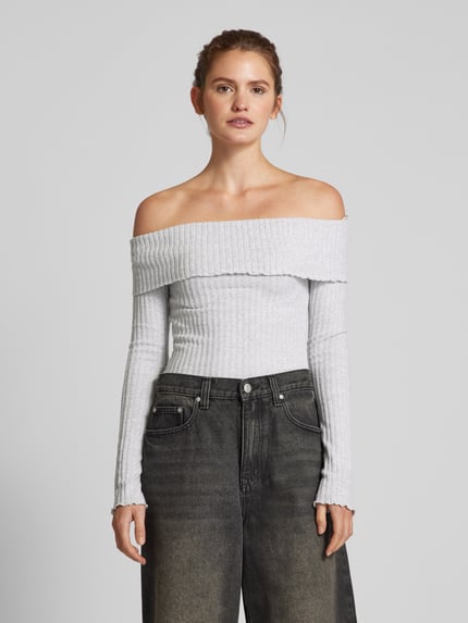 REVIEW Off shoulder-shirt met lange mouwen in riblook Lichtgrijs gemêleerd - 4