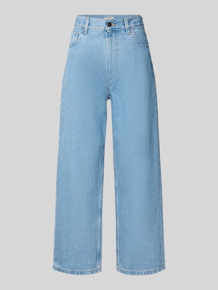 Produktfoto, Wide Leg Jeans im 5-Pocket-Design Modell 'Brandon' von Carhartt Work In Progress aus Reine Baumwolle in hellblau, Wide-Fit, sichtbarer Knopf- und Reißverschluss, Hinweise auf Bundweite 40 cm und Innenbeinlänge 72 cm bei Größe 27.