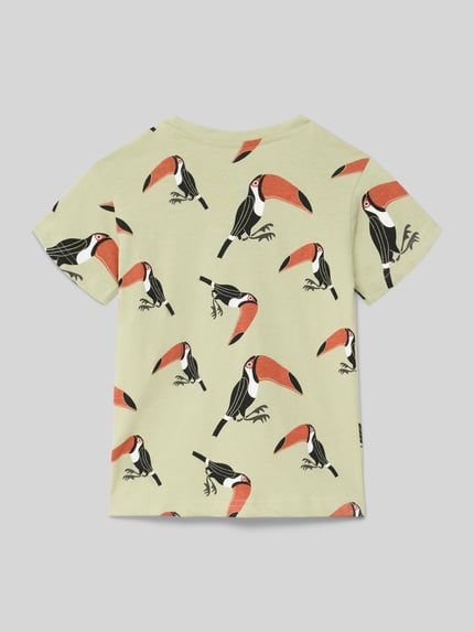 Produktfoto, T-Shirt mit Motiv-Print von Blue Seven in hellem Gelb mit buntem Tukan-Muster, reine Baumwolle, Regular Fit, Rundhalsausschnitt
