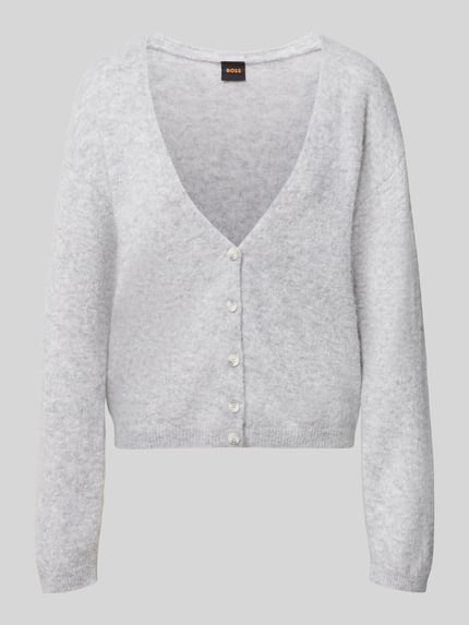 Produktfoto, Relaxe-Fit Strickjacke aus Alpacka-Mix mit Woll-Anteil Modell 'C_Farano' van BOSS Orange, gemêleerde look, v-hals, knoopsluiting, labeldetail, ribzoom, ribboorden, knitwear, materiaalverwerking: alpacamix met wol, lichtgrijs, zachte textuur