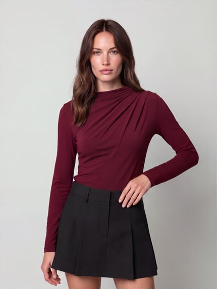 PIECES Langarmshirt mit drapierter Schulterpartie Bordeaux 4
