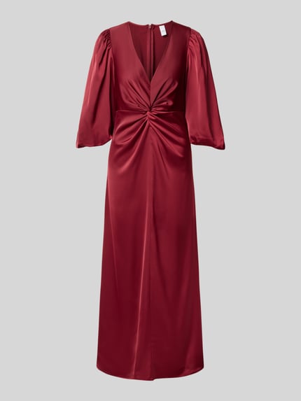 Produktfoto, Cocktailkleid mit Knotendetail und V-Ausschnitt Modell 'THEA' von YAS, bordeauxrot, A-Linie, Maxikleid, glatte Textur