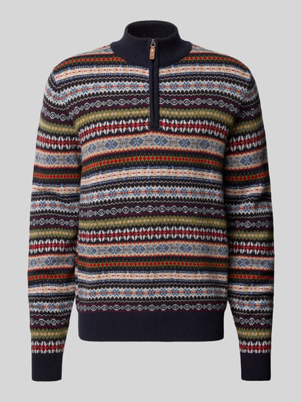 Produktfoto, Wollpullover aus reiner Wolle von Fynch-Hatton mit bunt gemusterten Streifen, Troyer-Kragen, lockere Passform, gerippte Abschlüsse, Rückenlänge 68 cm, Ärmellänge 72 cm.