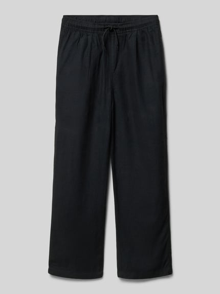 Productfoto, Stoffhose aus Leinen-Mix mit Viskose-Anteil Modell 'Bill' van Jack & Jones, zwart, straight fit, elastische taille met koord, achterzak, steekzakken, bundwijdte maat 140: 39 cm, binnenbeenlengte maat 140: 61 cm, gladde textuur.