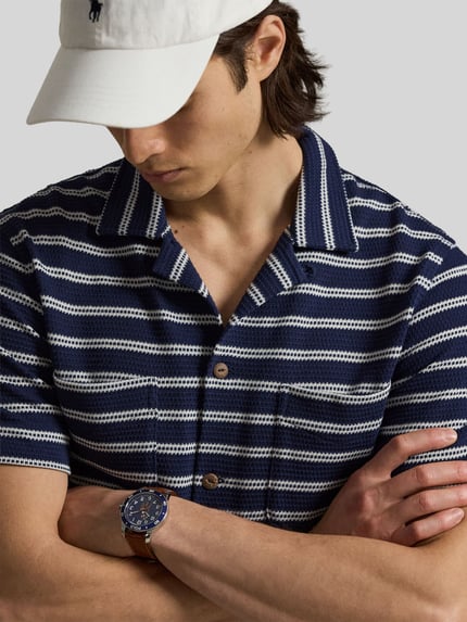 Polo Ralph Lauren regular fit vrijetijdsoverhemd van katoenmix met gaatjesmotief-strepen Marineblauw - 3