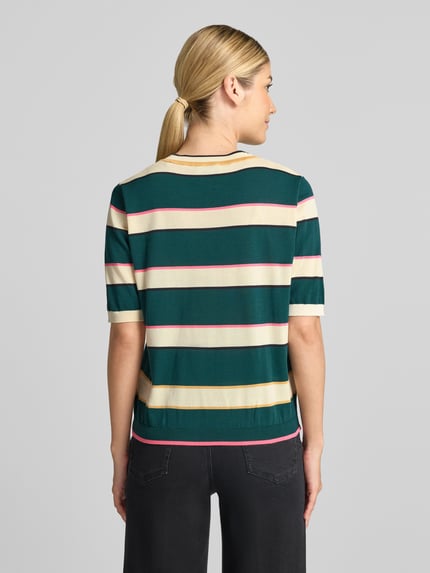 Männermodel trägt Slim Fit Pullover aus reiner Baumwolle von Jake*s Casual mit breiten Streifen in Grün, Gelb und Rosa, Ganzkörperansicht Rückansicht