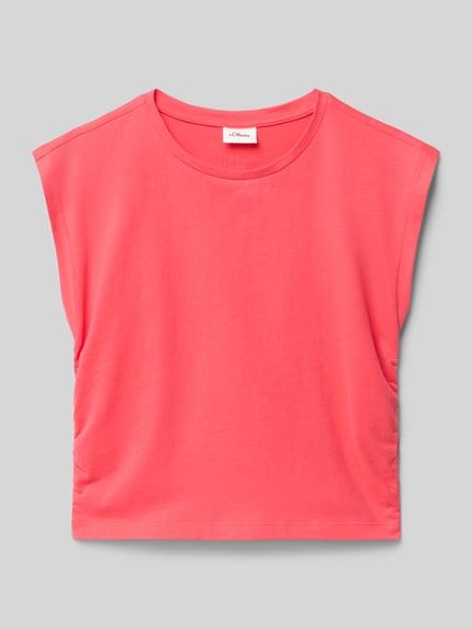 Produktfoto, V-Shape T-Shirt aus reiner Baumwolle von s.Oliver RED LABEL, Optik: Unifarben, Statement-Print-Applikation, Raffung, Rundhals, Ärmelform: Ohne, Materialverarbeitung: Jersey, Farbe: Pink, weiche Struktur.