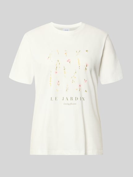 Produktfoto, T-shirt mit motiefprint Modell 'SYBIL' van Vila, puur katoen, recht model, ronde hals, ruglengte maat S 60 cm, wit met fijne bloemen en tekst