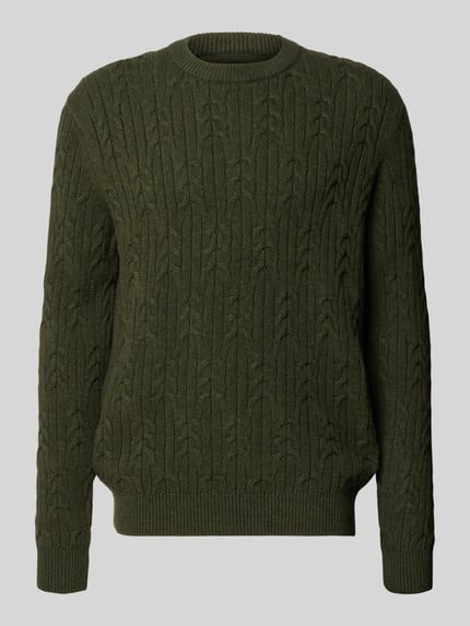 Produktfoto, Strickpullover aus Baumwoll-Woll-Mix mit Zopfmuster von Fynch-Hatton in Olivgrün, regular fit, ronde hals, textuurrijk breipatroon, katoen-wolmix, ruglengte maat M 74 cm, mouwlengte 72 cm.