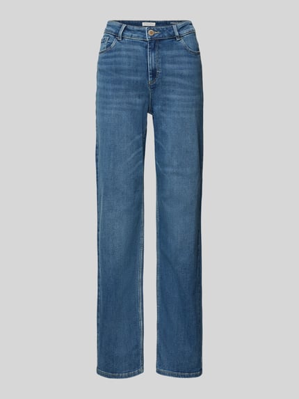 Produktfoto, blaue Straight Fit Jeans aus Viskose mit Eingrifftaschen von Christian Berg Woman, sichtbarer Knopf- und Reißverschluss, Damen Jeans, gleichmäßige Waschung, klar definierte Nähte, glatte Stoffstruktur, Bundweite 38 cm, Innenbeinlänge 78 cm