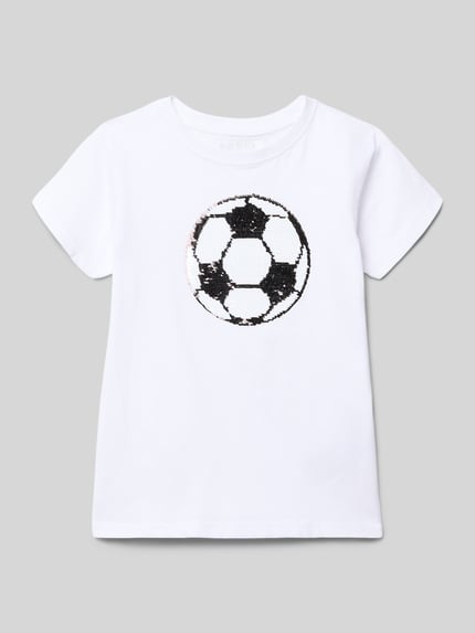 Productfoto, T-shirt met ronde hals en paillettenmotief van Blue Seven, wit katoen, rechte fit, voetbalmotief, maat 116 ruglengte 44 cm