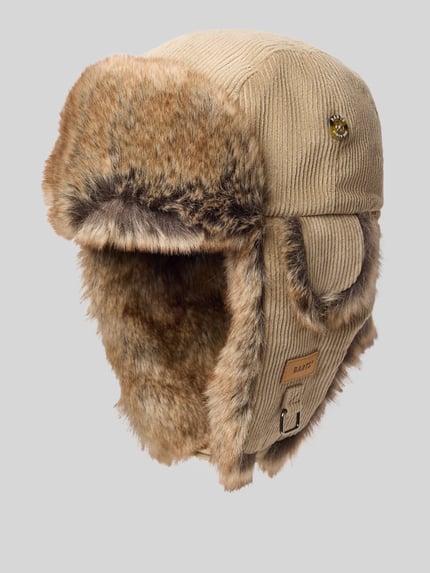 Produktfoto, Mütze aus Baumwollcord mit Ohrenklappen von Barts in Corduroy look mit Labelpatch, gesp, hoedband, oorkleppen, trensje, lussen en verstelbare gesp