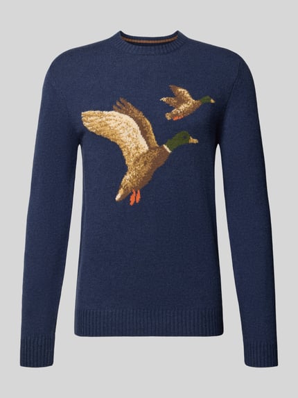 Produktfoto, Strickpullover mit Motiv und Rundhalsausschnitt von MCNEAL in Dunkelblau mit Entenmotiv, Baumwoll-Mix, Slim Fit, Herren