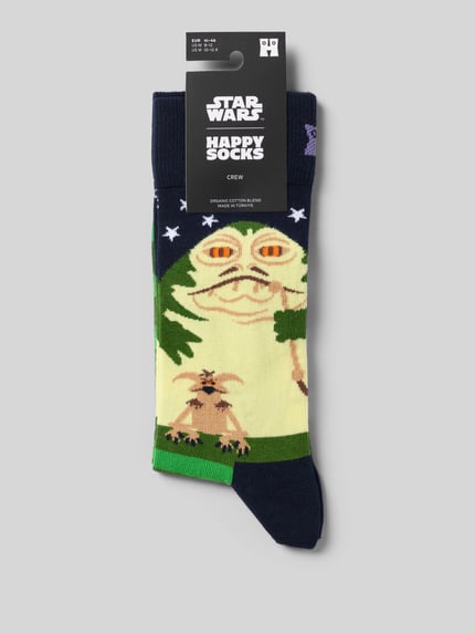 Produktfoto, kolorowe skarpety z mieszanki bawełny z nadrukiem wzór na całej powierzchni, Model 'Star Wars Jabba' od HAPPY SOCKS, detal z logo