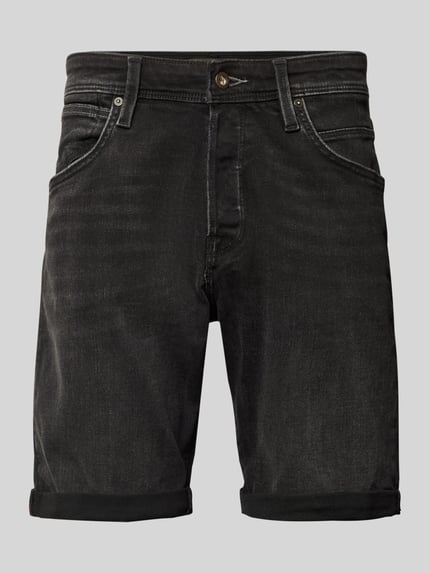 Produktfoto, schwarze Jeansshorts mit Umschlag Modell 'RICK' von Jack & Jones, Baumwoll-Mix mit Stretch, Regular Fit, glatte Textur.