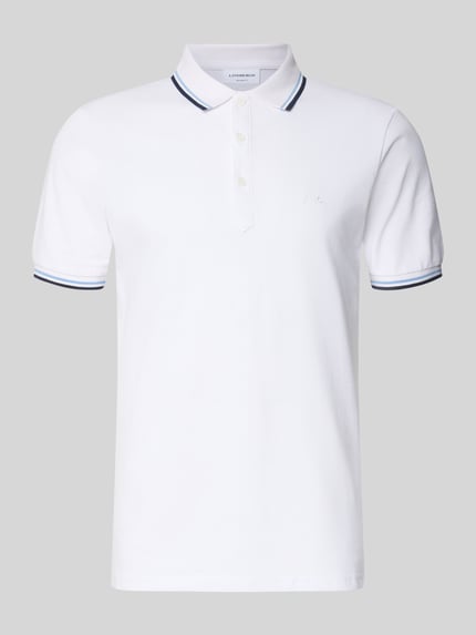 Produktfoto, Relaxed Fit Poloshirt mit Kontraststreifen von Lindbergh, puur katoen, heren, knoopsluiting, labelstitching, ruglengte maat M 67 cm, wit met blauwe contraststrepen, gladde structuur