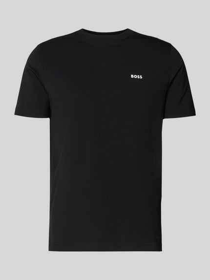 Produktfoto, T-Shirt mit Label-Print von BOSS Green im unifarbenen Schwarz, gerader Schnitt, Rundhalsausschnitt, Baumwoll-Elasthan-Mix.