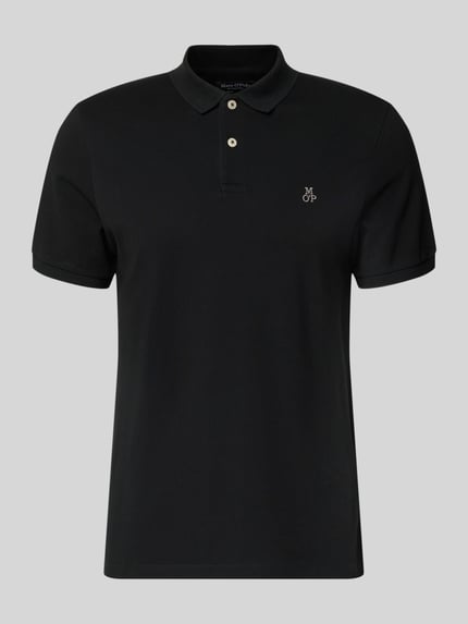 Produktfoto, Poloshirt mit fein strukturierter Optik van MARC O’POLO, zwart, effen design, katoen, rechte snit, korte knoopsluiting, logo op borst